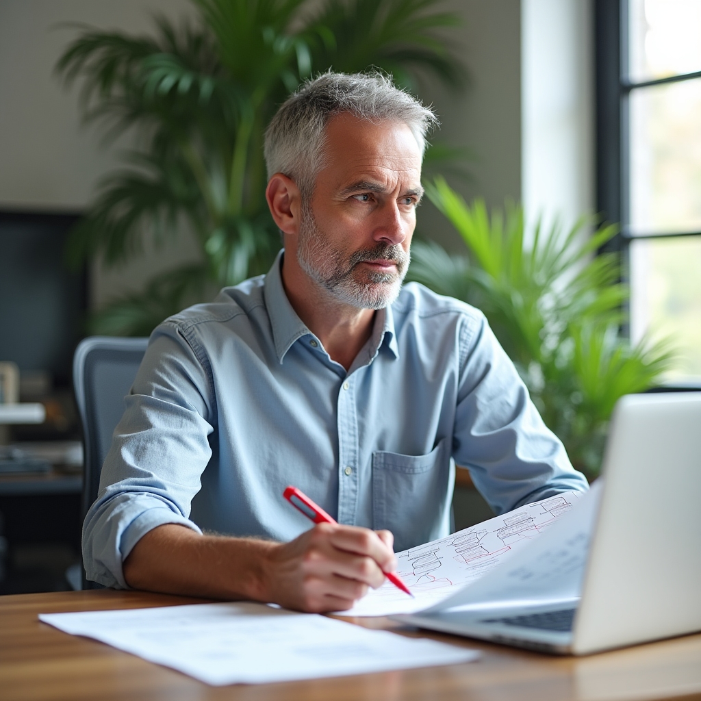 Person reviewing and annotating a printed workflow diagram at a desk while updating documentation on a laptop