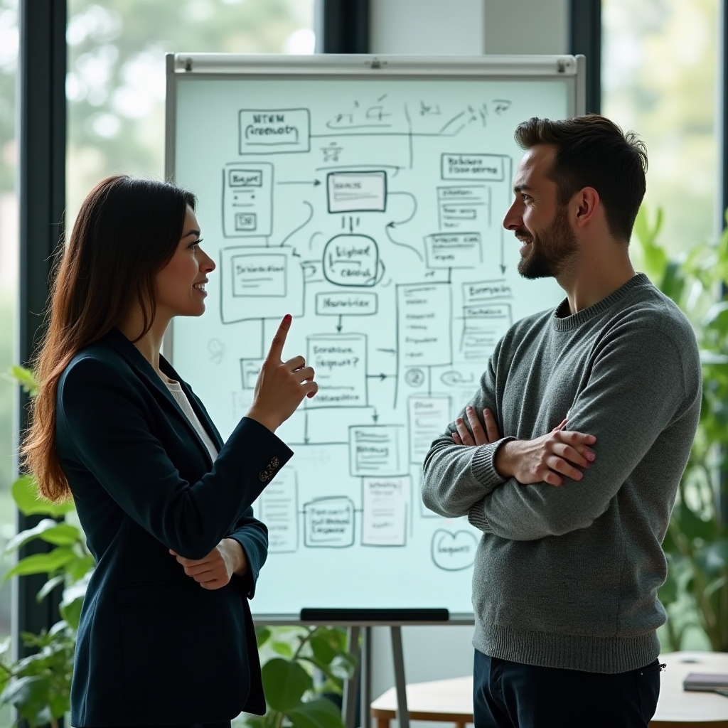 Two colleagues discussing a workflow diagram on a whiteboard, considering whether to involve a developer