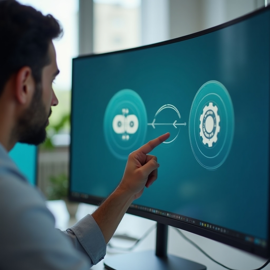 Person pointing at a screen showing two connected software modules linked by an automation flow