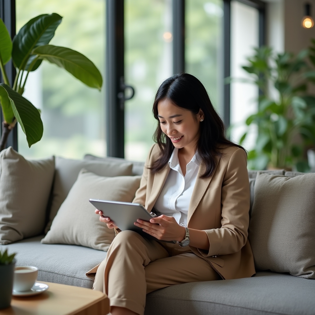 Person reading an article on a tablet while seated in a bright office lounge area with plants