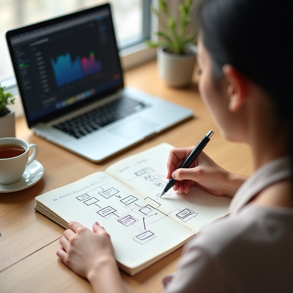 Non-technical professional sketching a workflow diagram in a notebook beside a laptop