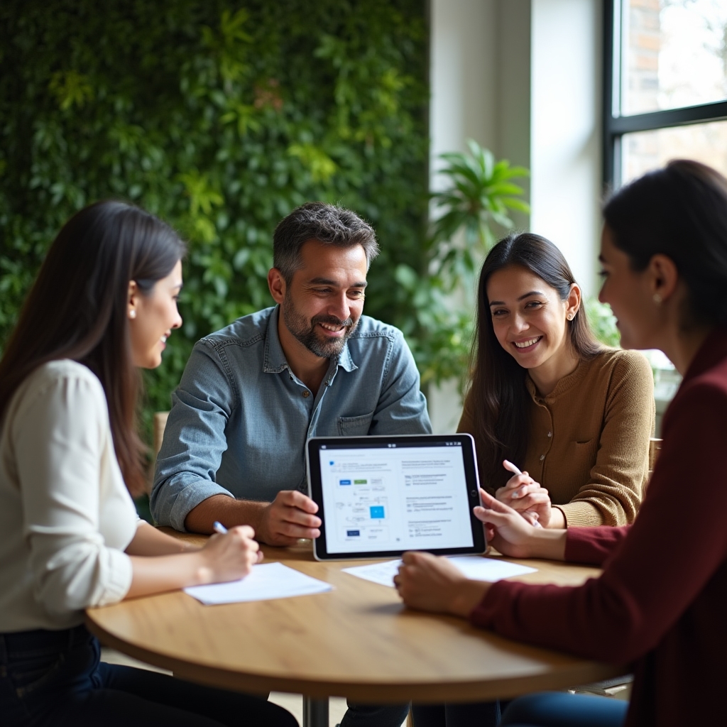 Small team reviewing an automation flow together on a tablet during a meeting