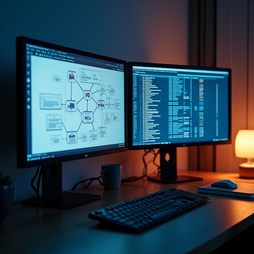 Dual monitor desk setup showing an automation flow diagram with multiple connected modules